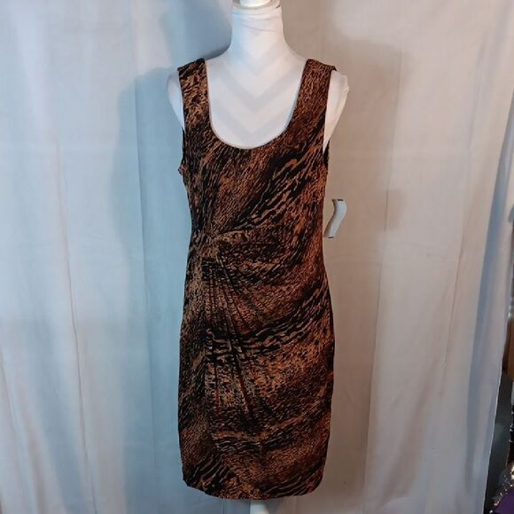 Elegant Brown and Black Animal Print Sleeveless Midi Dress - Picture 1 of 9